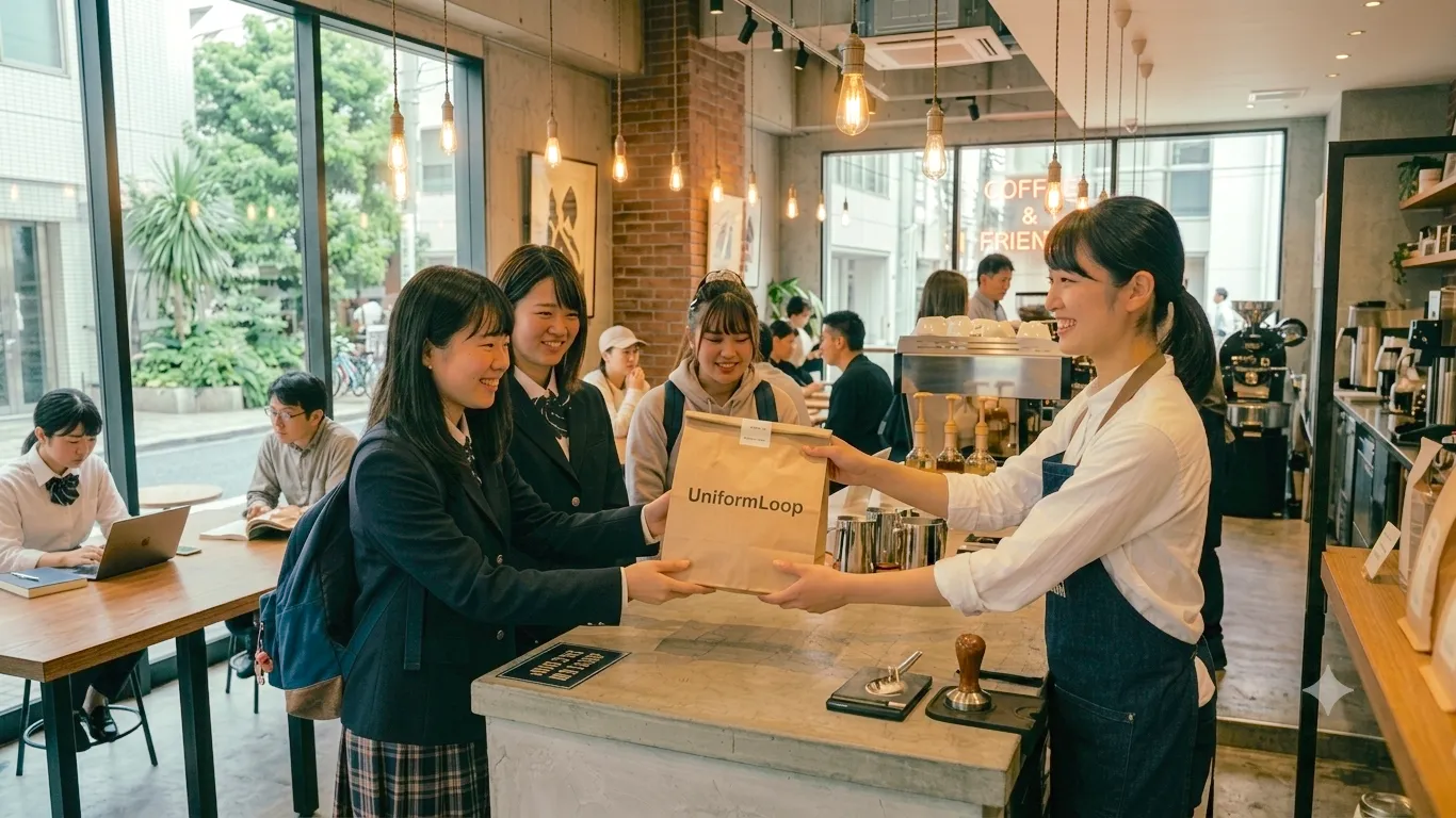 店舗でスタッフから紙袋を受け取る親子